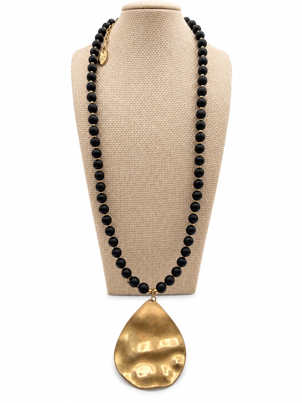 Signed Black Beaded Statement Necklace Oversized Hammered Gold Teardrop Pendant